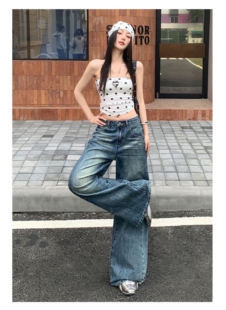 실사 디자인 불규칙 주머니 섹션 레트로 워싱 데님 긴 바지 여성 슬림해 보이는 루즈핏 바닥 청소 바지 상세 이미지 11