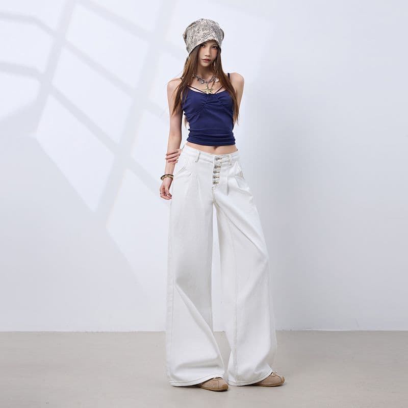 실사 아메리칸 레트로 다섯 번째 회사 버클 더블 Pleat 한 마디 핏 스타일 넓은 다리 청바지 여성 화이트 바지 캐주얼 바지 이미지 4
