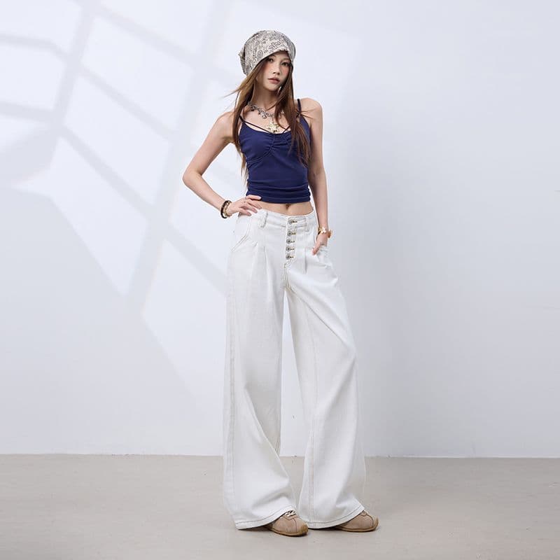 실사 아메리칸 레트로 다섯 번째 회사 버클 더블 Pleat 한 마디 핏 스타일 넓은 다리 청바지 여성 화이트 바지 캐주얼 바지