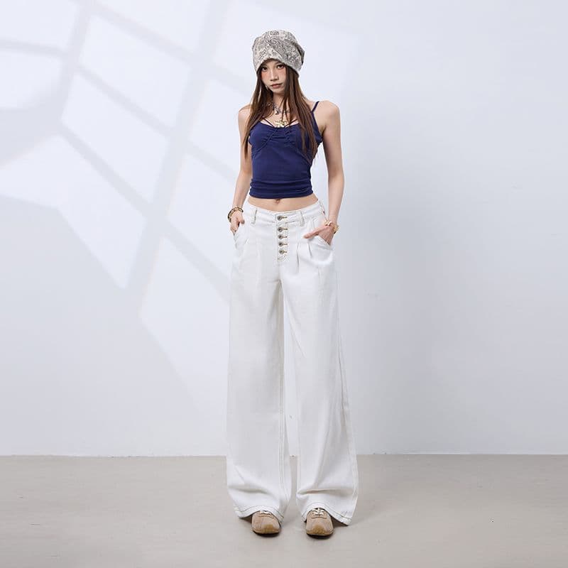 실사 아메리칸 레트로 다섯 번째 회사 버클 더블 Pleat 한 마디 핏 스타일 넓은 다리 청바지 여성 화이트 바지 캐주얼 바지 이미지 3