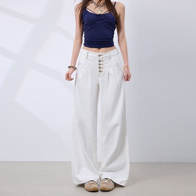실사 아메리칸 레트로 다섯 번째 회사 버클 더블 Pleat 한 마디 핏 스타일 넓은 다리 청바지 여성 화이트 바지 캐주얼 바지 이미지 2