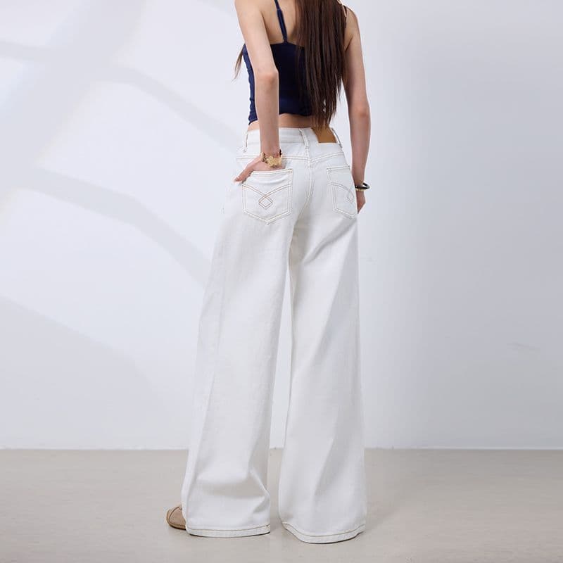 실사 아메리칸 레트로 다섯 번째 회사 버클 더블 Pleat 한 마디 핏 스타일 넓은 다리 청바지 여성 화이트 바지 캐주얼 바지 이미지 5