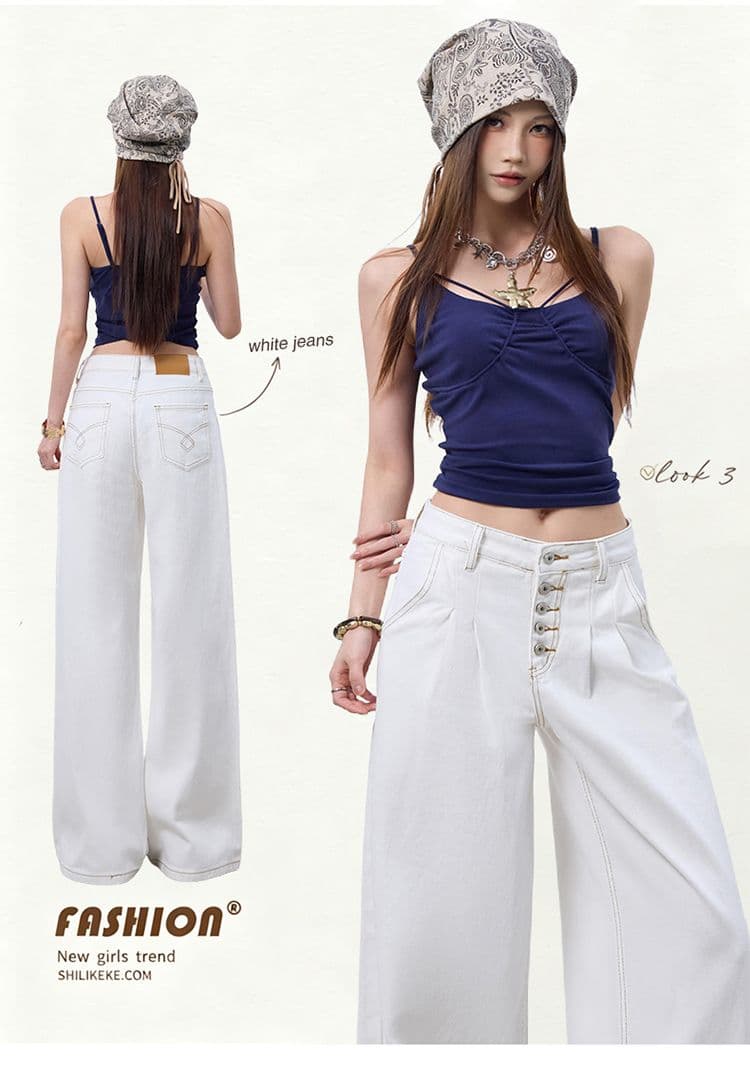 실사 아메리칸 레트로 다섯 번째 회사 버클 더블 Pleat 한 마디 핏 스타일 넓은 다리 청바지 여성 화이트 바지 캐주얼 바지 상세 이미지 1