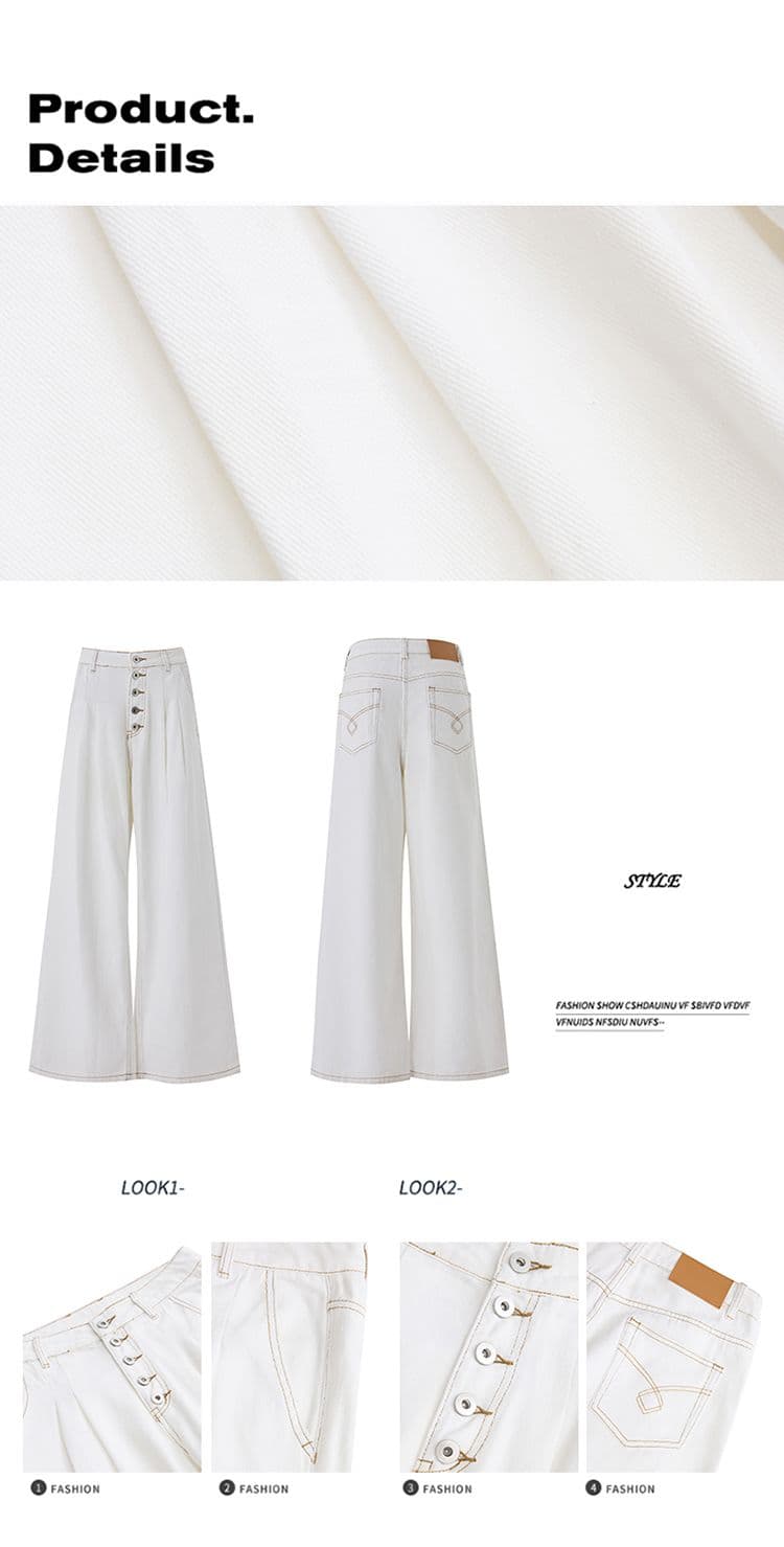 실사 아메리칸 레트로 다섯 번째 회사 버클 더블 Pleat 한 마디 핏 스타일 넓은 다리 청바지 여성 화이트 바지 캐주얼 바지 상세 이미지 4