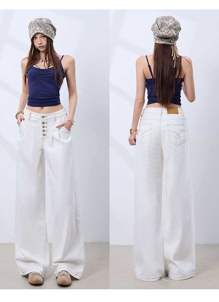 실사 아메리칸 레트로 다섯 번째 회사 버클 더블 Pleat 한 마디 핏 스타일 넓은 다리 청바지 여성 화이트 바지 캐주얼 바지 상세 이미지 8