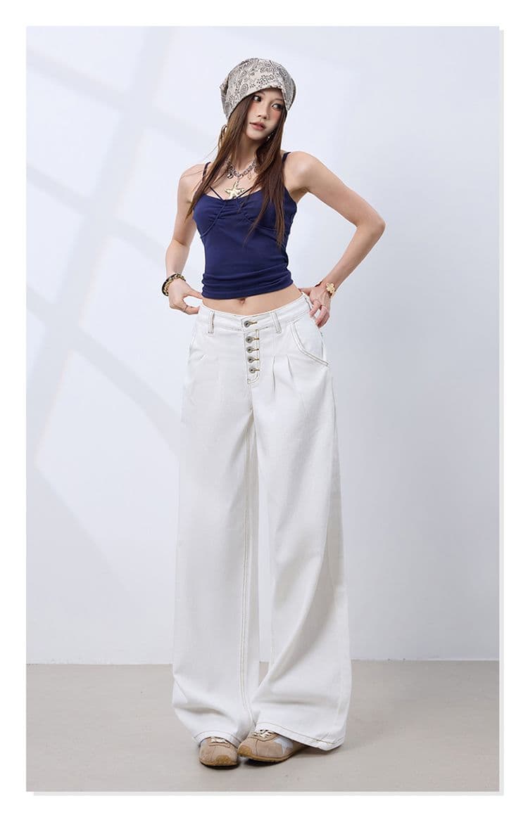실사 아메리칸 레트로 다섯 번째 회사 버클 더블 Pleat 한 마디 핏 스타일 넓은 다리 청바지 여성 화이트 바지 캐주얼 바지 상세 이미지 9