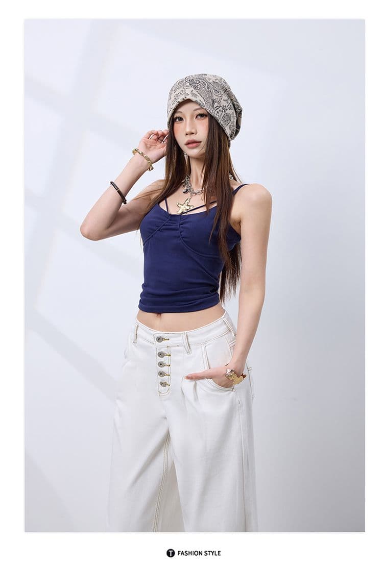 실사 아메리칸 레트로 다섯 번째 회사 버클 더블 Pleat 한 마디 핏 스타일 넓은 다리 청바지 여성 화이트 바지 캐주얼 바지 상세 이미지 13