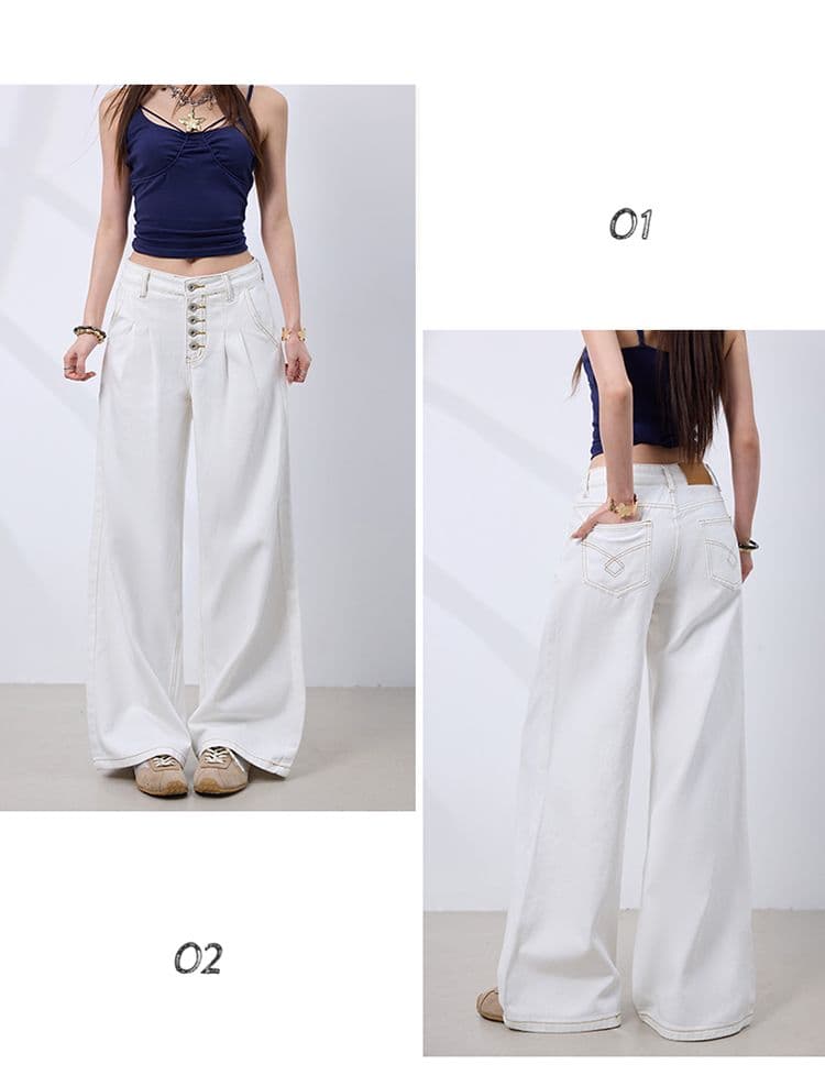 실사 아메리칸 레트로 다섯 번째 회사 버클 더블 Pleat 한 마디 핏 스타일 넓은 다리 청바지 여성 화이트 바지 캐주얼 바지 상세 이미지 14