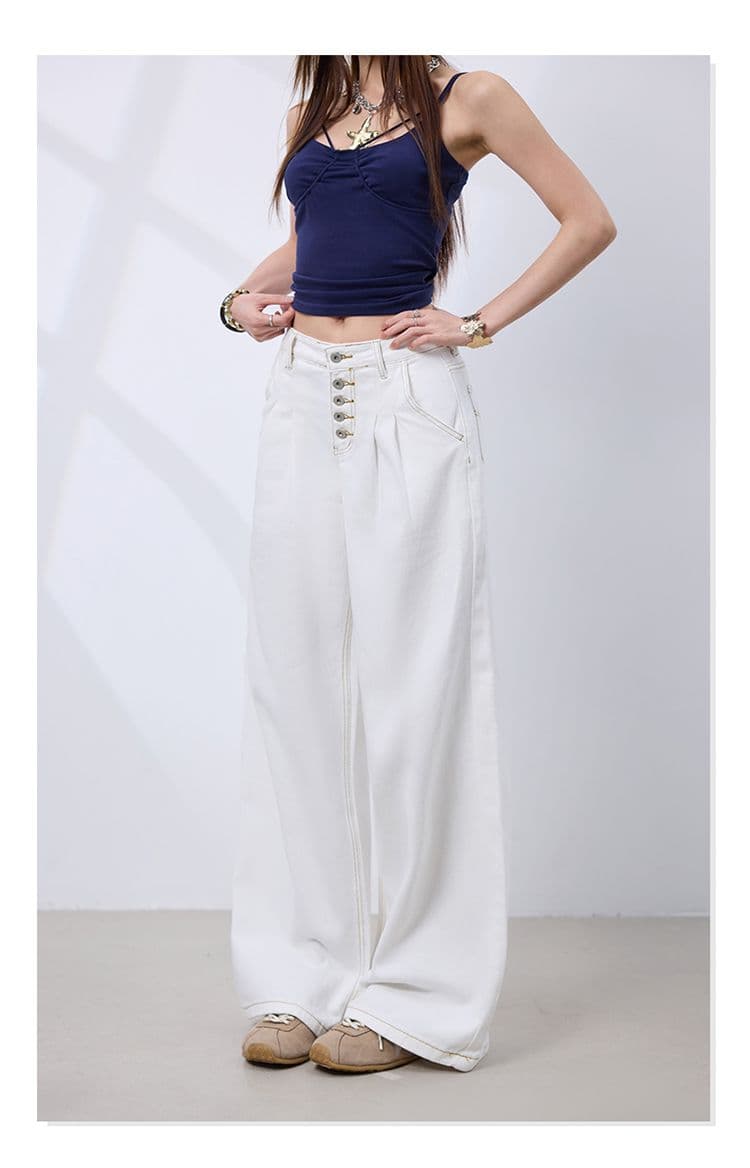 실사 아메리칸 레트로 다섯 번째 회사 버클 더블 Pleat 한 마디 핏 스타일 넓은 다리 청바지 여성 화이트 바지 캐주얼 바지 상세 이미지 15