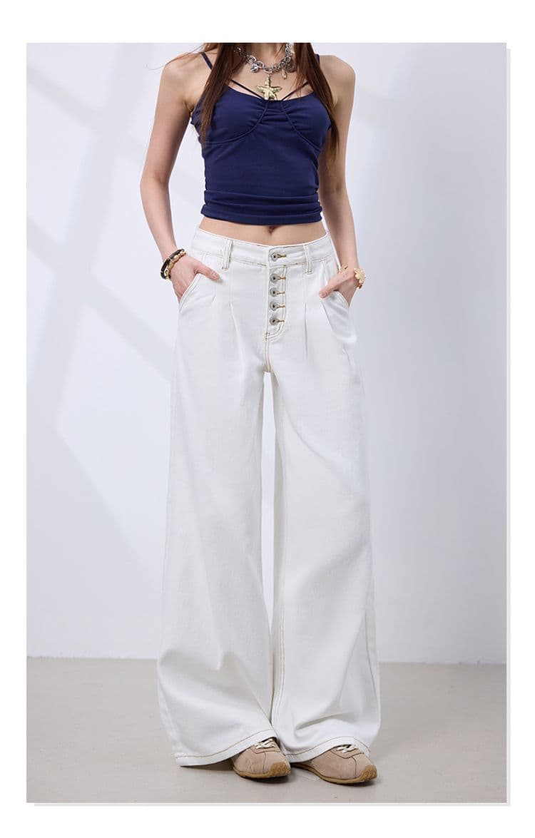 실사 아메리칸 레트로 다섯 번째 회사 버클 더블 Pleat 한 마디 핏 스타일 넓은 다리 청바지 여성 화이트 바지 캐주얼 바지 상세 이미지 17