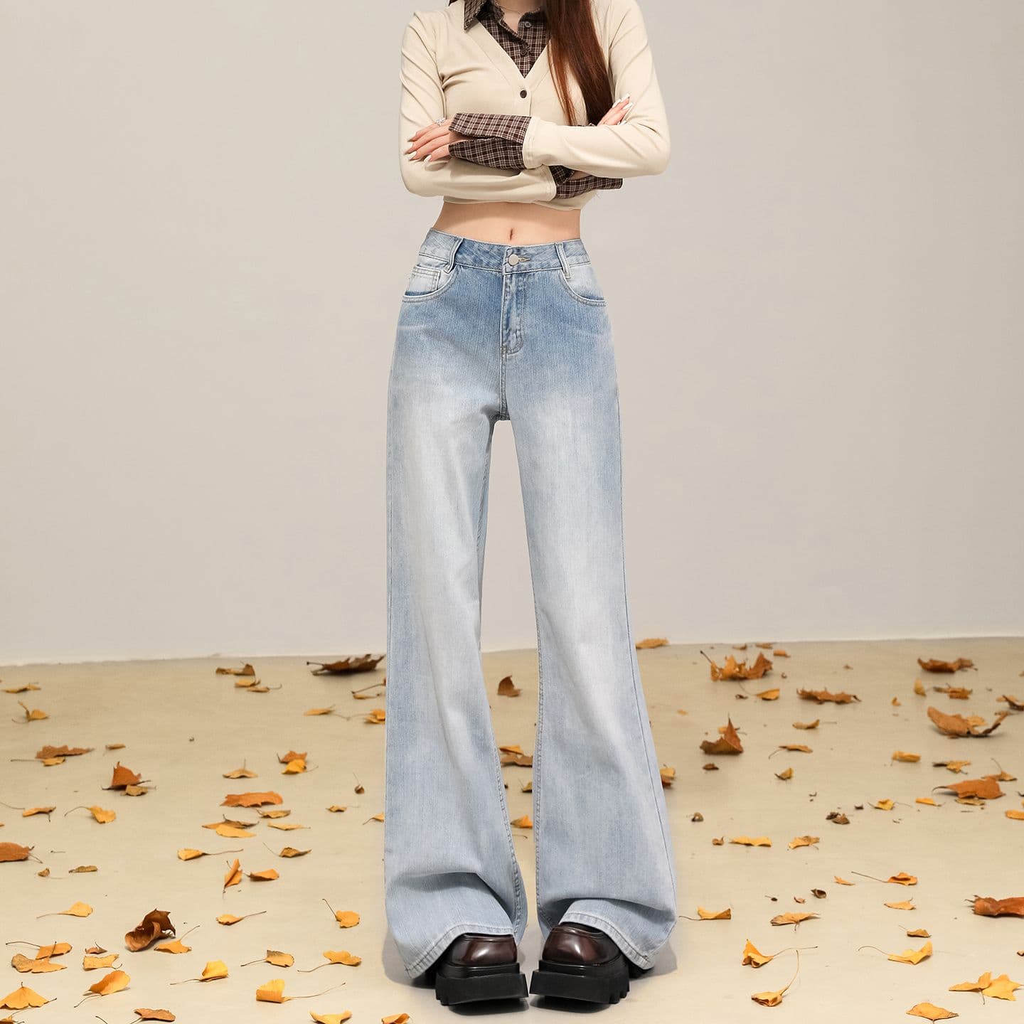 실사 대나무 마디 곡물 레트로 루즈핏 아니요 막대기 다리 마이크로 나팔 바지 다용도 도루 센스 슬림해 보이는 청바지 가을 새로운 이미지 3