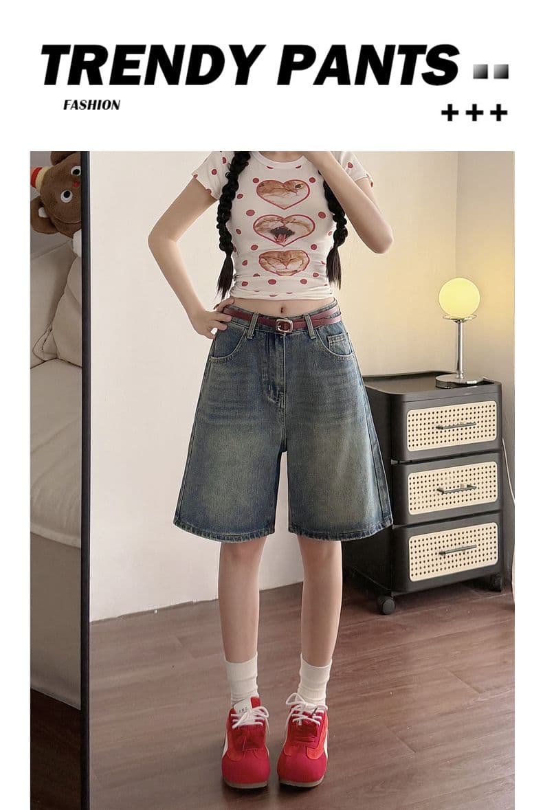 실사 아메리칸 레트로 5 점 데님 반바지 여성 여름 하이웨이스트 작은 키 슬림해 보이는 루즈핏 스트레이트 상세 이미지 1