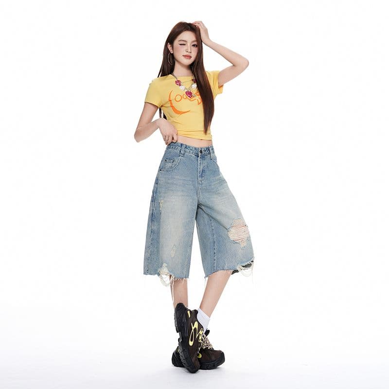 실사 아메리칸 거리 하이웨이스트 찢어진 부분 넓은 다리 청바지 여성 여름 루즈핏 워싱 스트레이트 7부 바지 트렌디 이미지 3