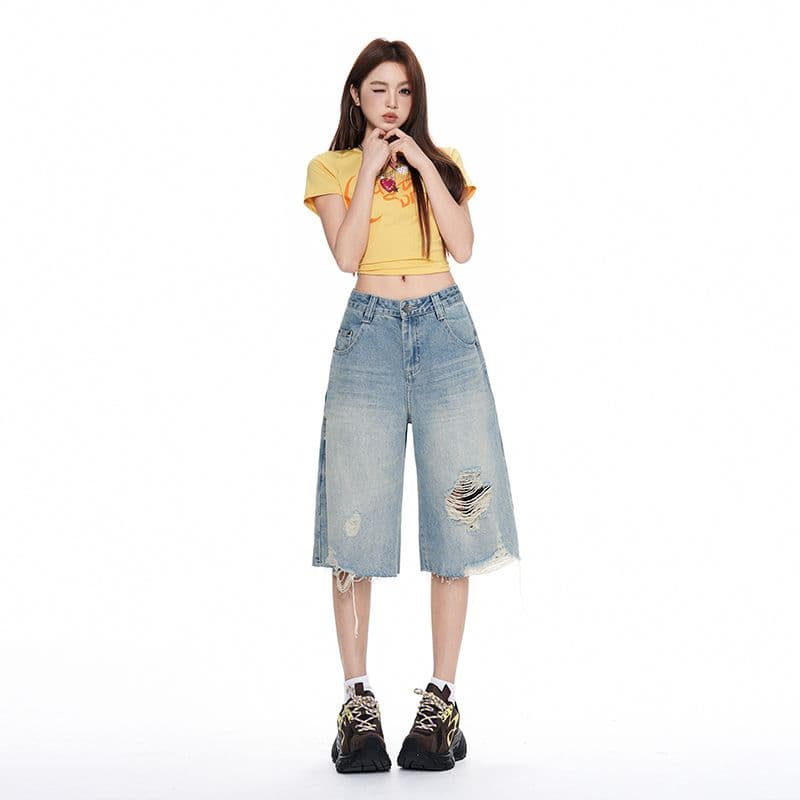 실사 아메리칸 거리 하이웨이스트 찢어진 부분 넓은 다리 청바지 여성 여름 루즈핏 워싱 스트레이트 7부 바지 트렌디 이미지 2