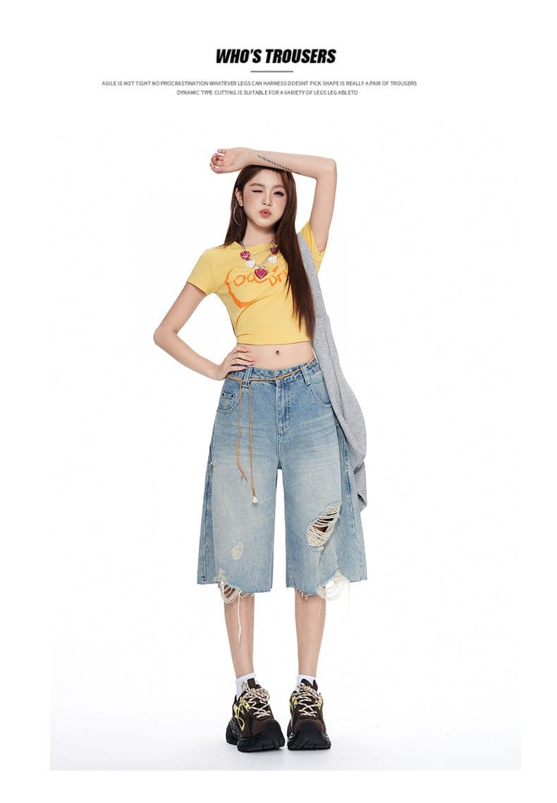 실사 아메리칸 거리 하이웨이스트 찢어진 부분 넓은 다리 청바지 여성 여름 루즈핏 워싱 스트레이트 7부 바지 트렌디 상세 이미지 5