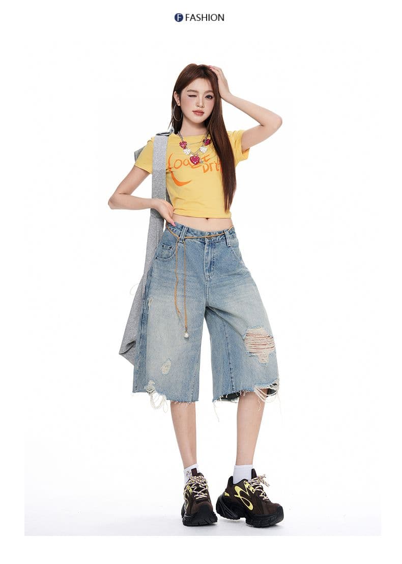 실사 아메리칸 거리 하이웨이스트 찢어진 부분 넓은 다리 청바지 여성 여름 루즈핏 워싱 스트레이트 7부 바지 트렌디 상세 이미지 7