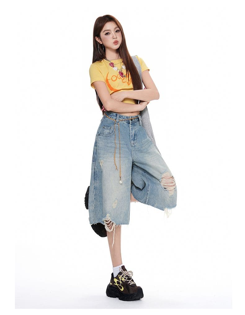 실사 아메리칸 거리 하이웨이스트 찢어진 부분 넓은 다리 청바지 여성 여름 루즈핏 워싱 스트레이트 7부 바지 트렌디 상세 이미지 8