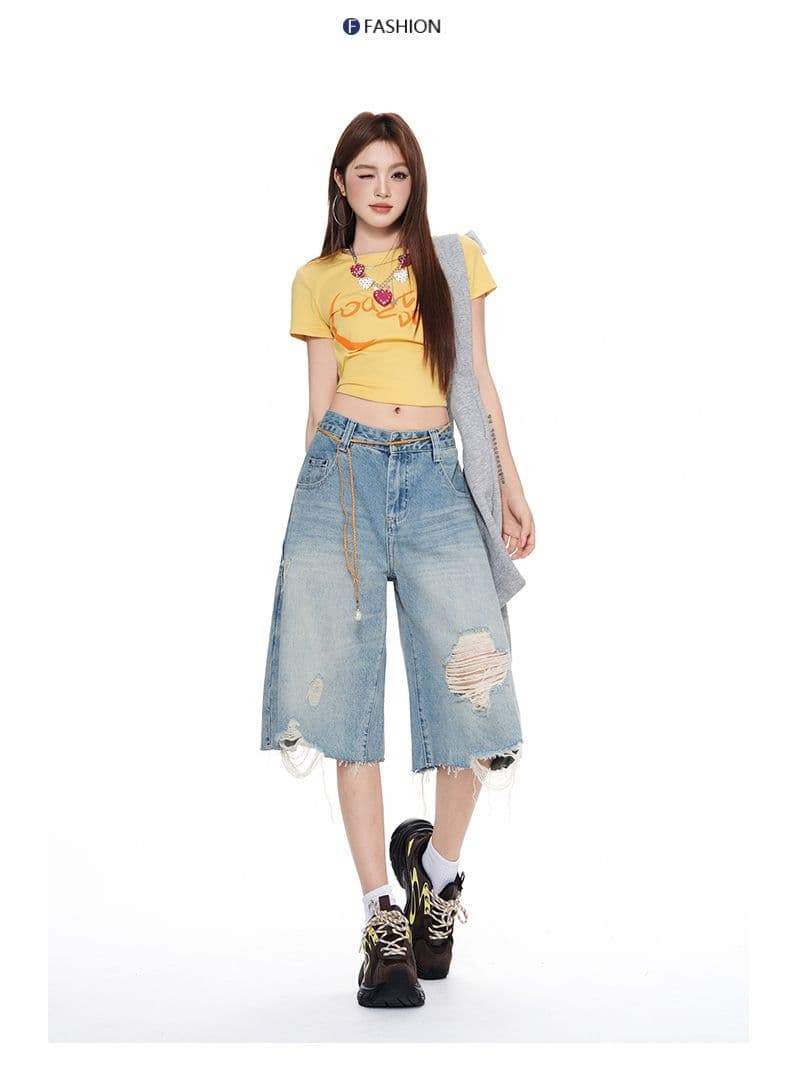 실사 아메리칸 거리 하이웨이스트 찢어진 부분 넓은 다리 청바지 여성 여름 루즈핏 워싱 스트레이트 7부 바지 트렌디 상세 이미지 9