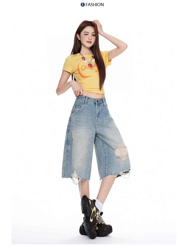 실사 아메리칸 거리 하이웨이스트 찢어진 부분 넓은 다리 청바지 여성 여름 루즈핏 워싱 스트레이트 7부 바지 트렌디 상세 이미지 12