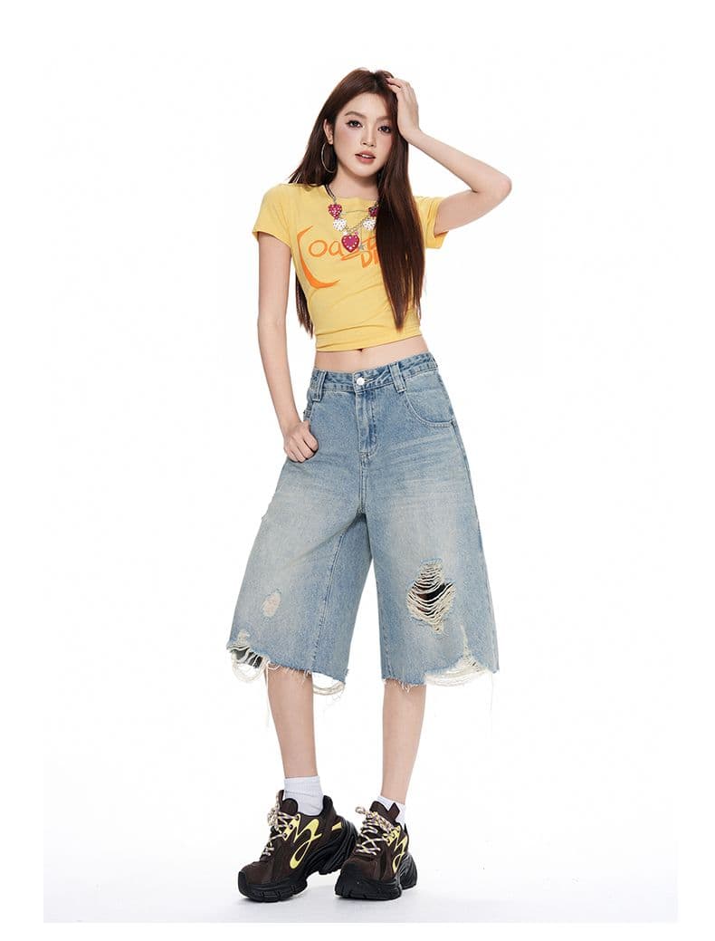 실사 아메리칸 거리 하이웨이스트 찢어진 부분 넓은 다리 청바지 여성 여름 루즈핏 워싱 스트레이트 7부 바지 트렌디 상세 이미지 13