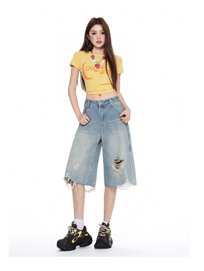 실사 아메리칸 거리 하이웨이스트 찢어진 부분 넓은 다리 청바지 여성 여름 루즈핏 워싱 스트레이트 7부 바지 트렌디 상세 이미지 18
