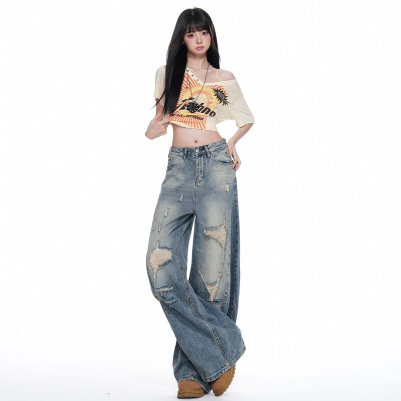 실사 신제품 이른 가을 아메리칸 레트로 모통이 칼 찢어진 부분 넓은 다리 청바지 여성 슬림해 보이는 다용도 바닥 청소 바지 이미지 2