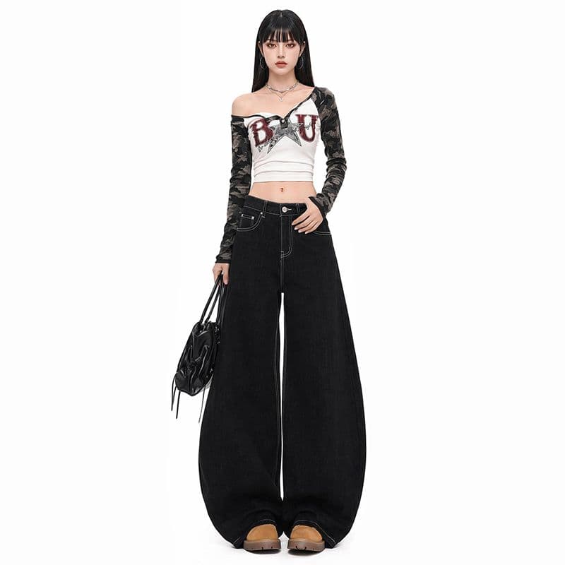 실사 라이 경기 서울 명중 세단 닝 원본 암소 국방 퇴색하다 청바지 여성 가을 모통이 칼 어두운 색 루즈핏 느슨함 센스 이미지 2