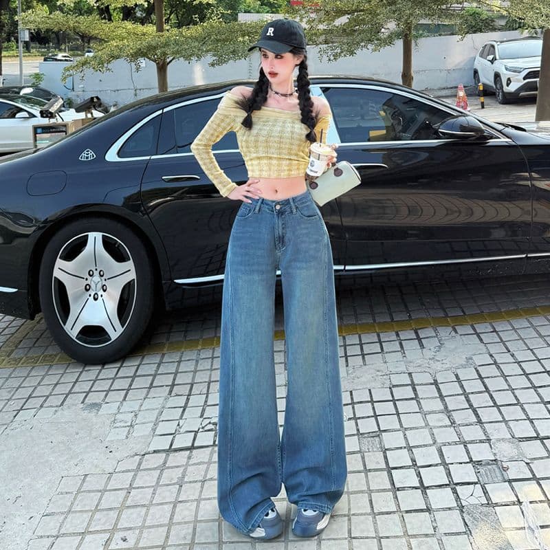 실사 아니요 막대기 다리 부츠컷 청바지 2026 가을 하이웨이스트 루즈핏 슬림해 보이는 나팔 바닥 청소 바지 파란색 이미지 4