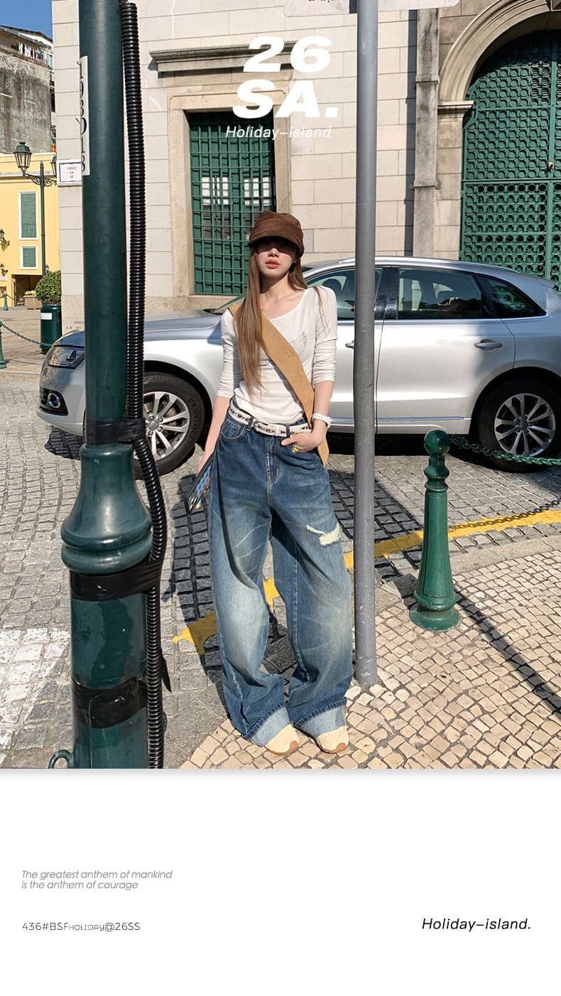 실사 자연 부담하지 마세요. 센스 p 사람들 거리 밖 느슨함 일상 접기 측면 넓은 다리 클래식 워시 물 데님 상세 이미지 1