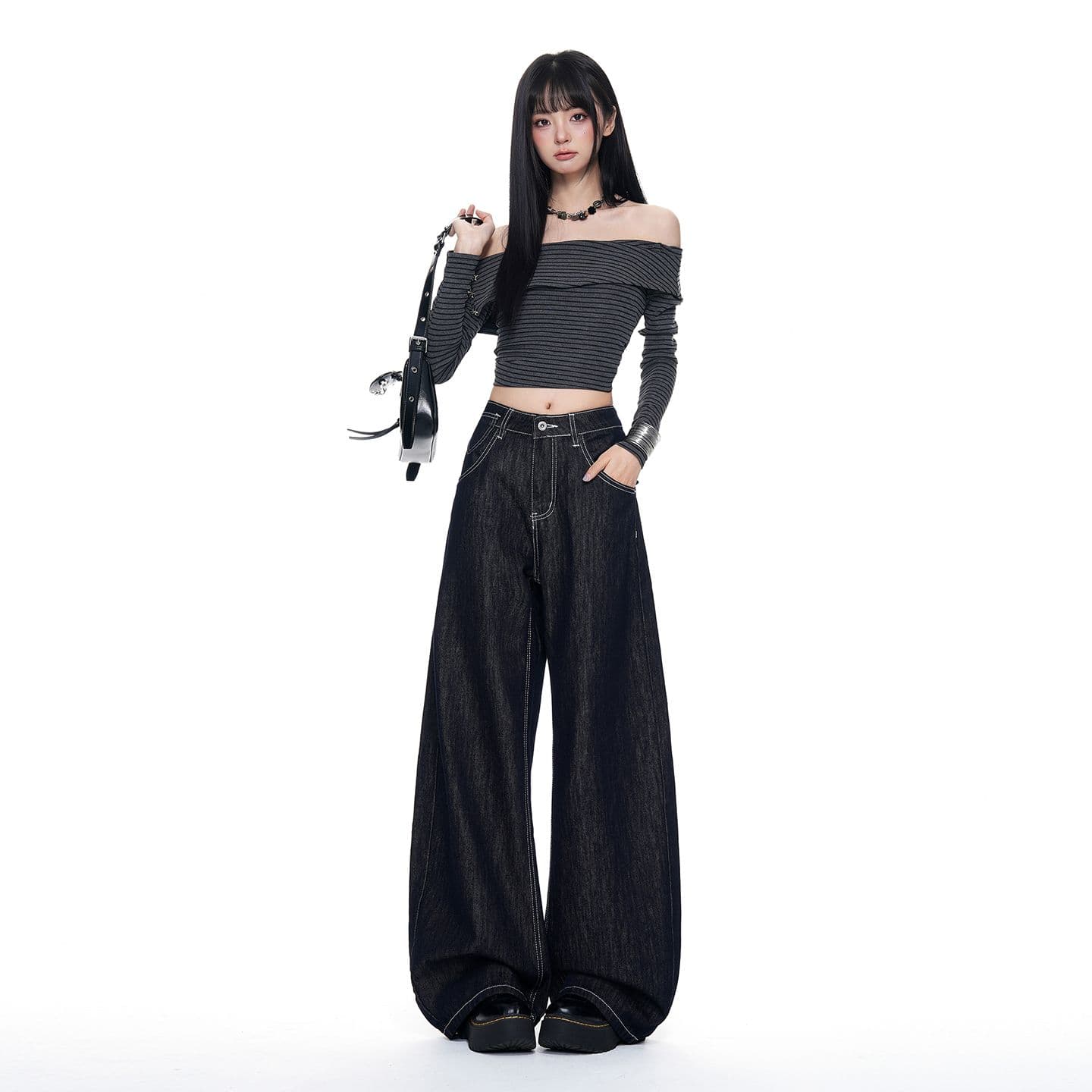 실사 레트로 루즈핏 와이드 레그 팬츠 2026 가을 다용도 모통이 칼 바지 등 허리 수 있습니다. 조정 버클 청바지 새로운 이미지 5