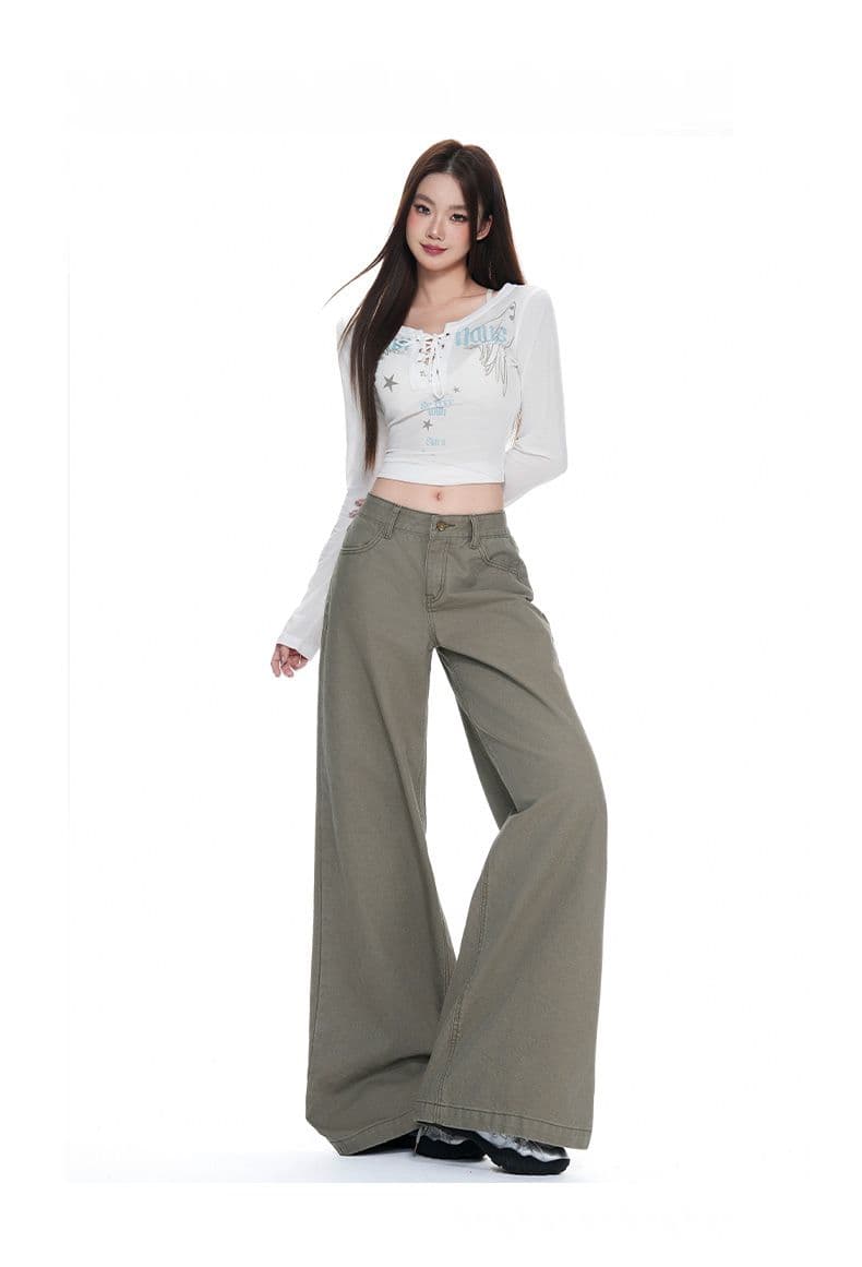 실사 초록 초록 레트로 워싱 하이 웨이스트 청바지 여성 2026 년 이른 가을 도루 센스 루즈핏 캐주얼 와이드 레그 팬츠 상세 이미지 15