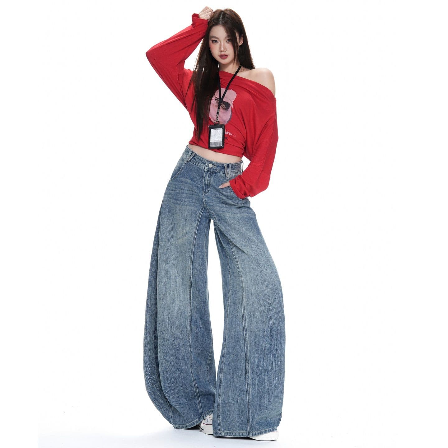 실사 워싱 블루 대나무 마디 곡물 분할 패치워크 디자인 센스 청바지 2026 이른 가을 트렌드 캐주얼 모통이 칼 바지 이미지 3