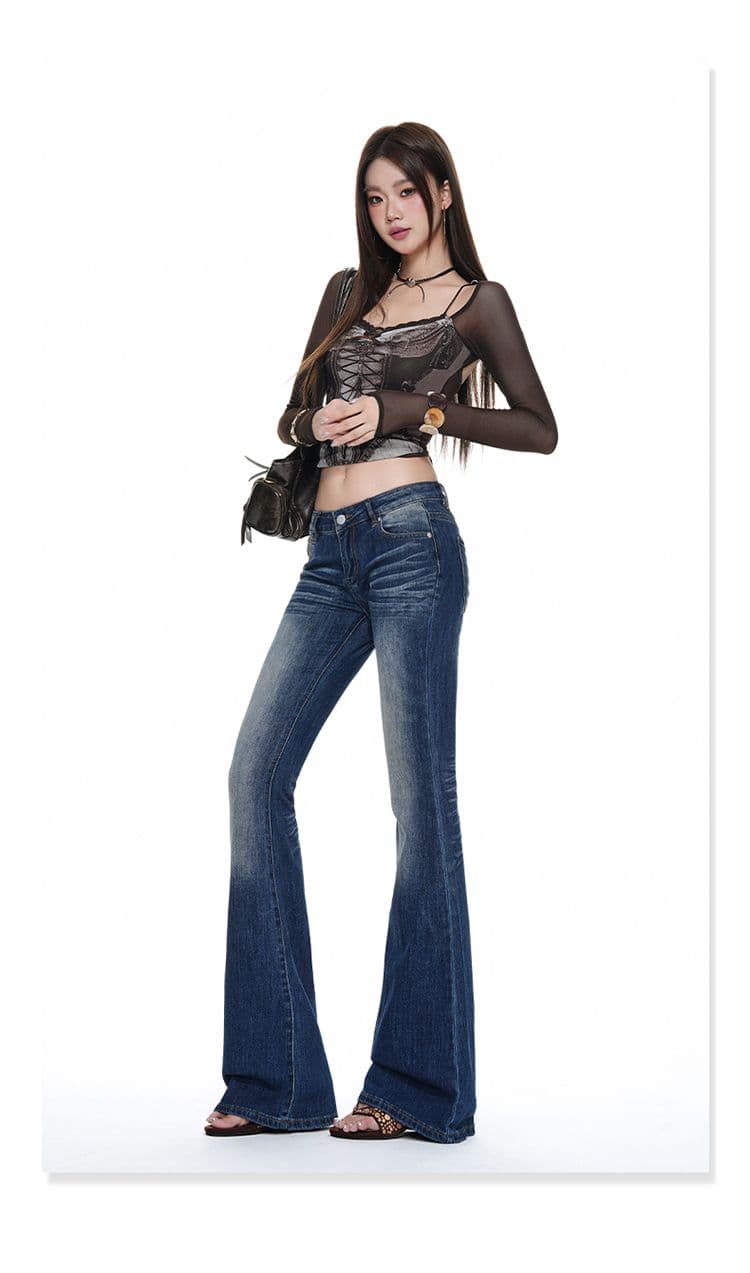 실사 아메리칸 노스탤지어 로우 웨이스트 핫걸 나팔 바지 신축성 몸매 가꾸기 슬림해 보이는 청바지 여성 가을 긴 바지 길이 연장 상세 이미지 12