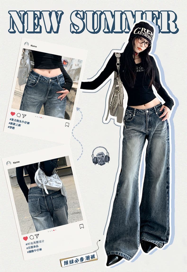 실사 가을 무거운 공예 고양이 반드시 워싱 청바지 여성 루즈핏 스트레이트 부츠컷 바지 상세 이미지 2
