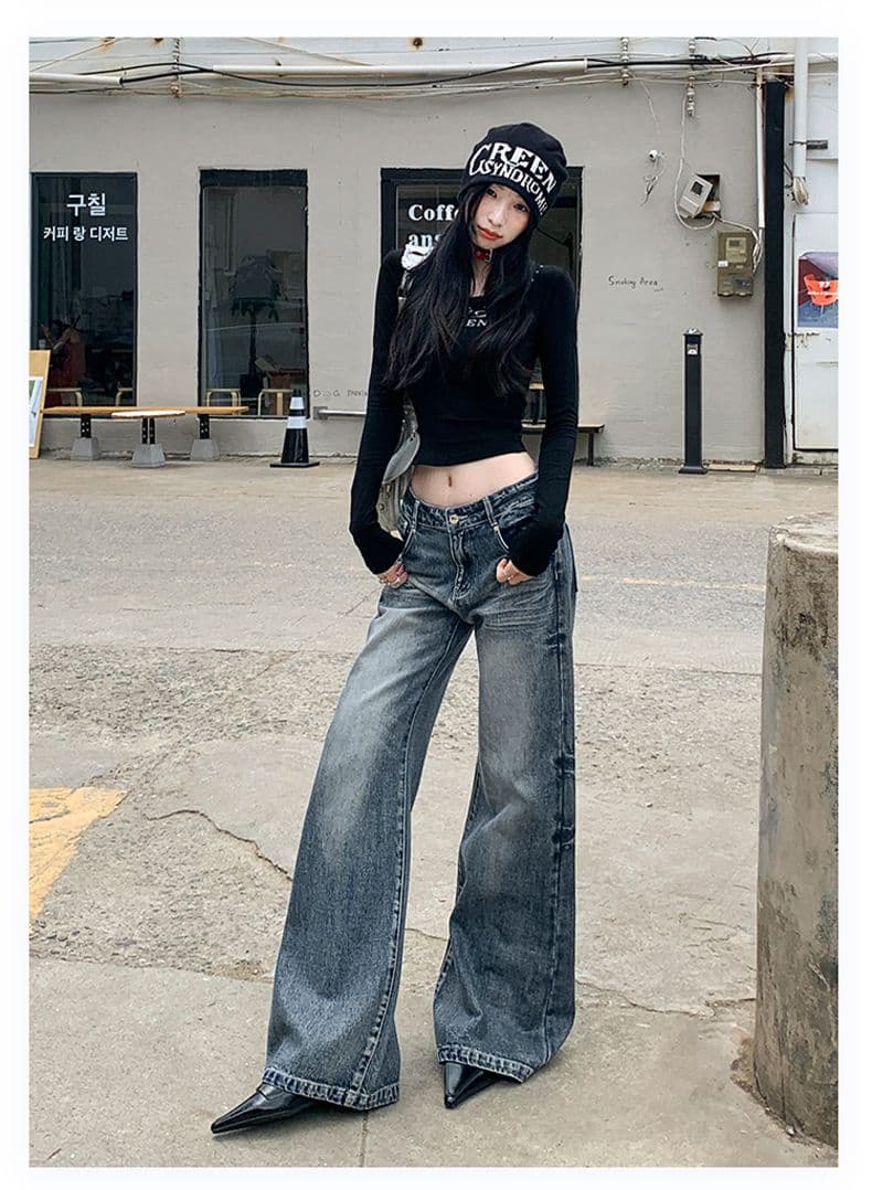 실사 가을 무거운 공예 고양이 반드시 워싱 청바지 여성 루즈핏 스트레이트 부츠컷 바지 상세 이미지 14