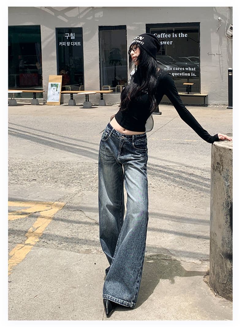 실사 가을 무거운 공예 고양이 반드시 워싱 청바지 여성 루즈핏 스트레이트 부츠컷 바지 상세 이미지 16