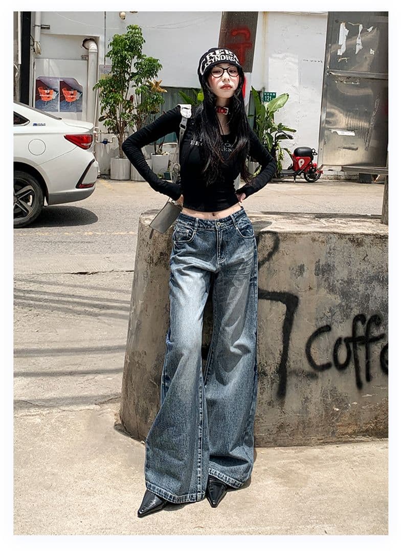 실사 가을 무거운 공예 고양이 반드시 워싱 청바지 여성 루즈핏 스트레이트 부츠컷 바지 상세 이미지 19