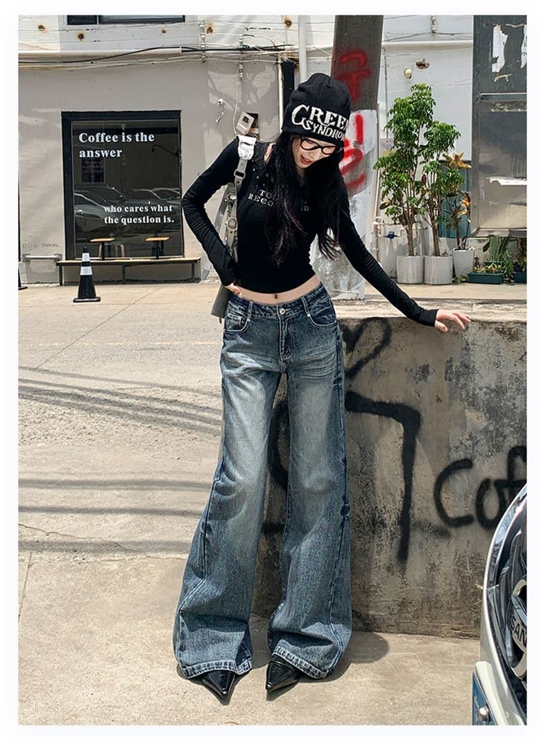 실사 가을 무거운 공예 고양이 반드시 워싱 청바지 여성 루즈핏 스트레이트 부츠컷 바지 상세 이미지 20
