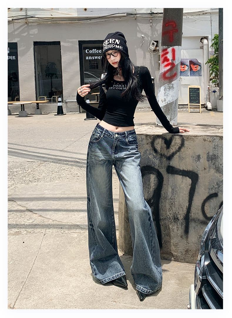 실사 가을 무거운 공예 고양이 반드시 워싱 청바지 여성 루즈핏 스트레이트 부츠컷 바지 상세 이미지 21