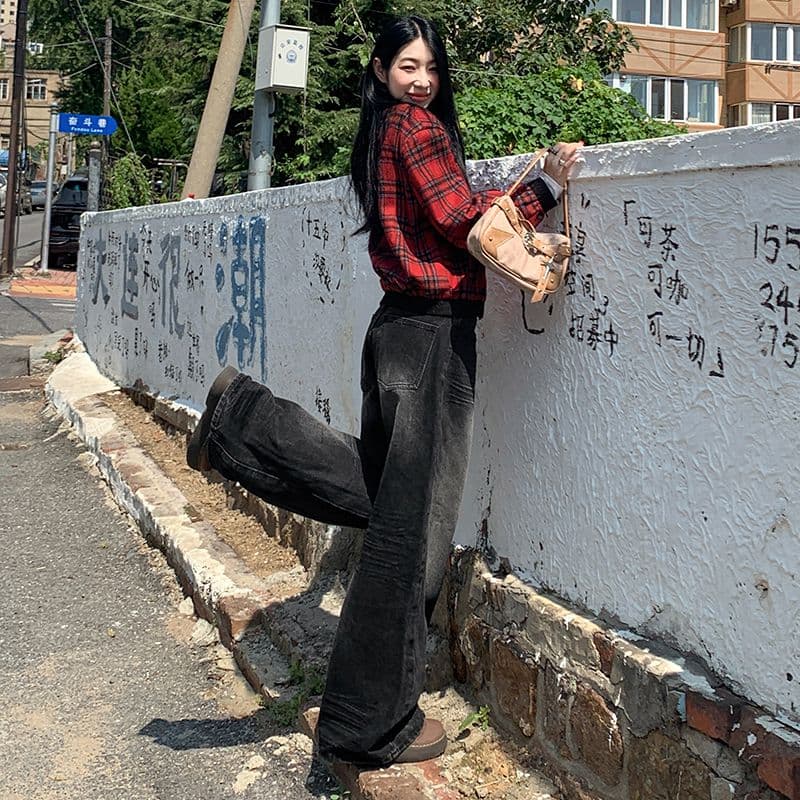 실사 2026 가을 아메리칸 스트레이트 넓은 다리 청바지 가을 루즈핏 슬림해 보이는 도루 센스 바닥 청소 바지 이미지 5