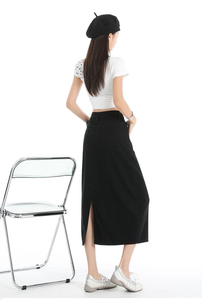 실사 아메리칸 노스탤지어 높은 품질 새로운 5 색상 반신 중간 길이 스커트 이후 트임 xs-xl 상세 이미지 22