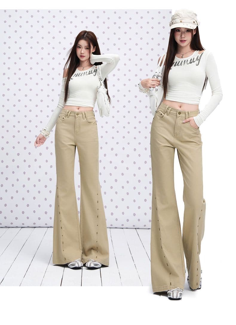 실사 카키 색 하이웨이스트 레트로 징 부츠컷 청바지 2026 이른 가을 슬림해 보이는 몸매 가꾸기 품격 나팔 바지 상세 이미지 4