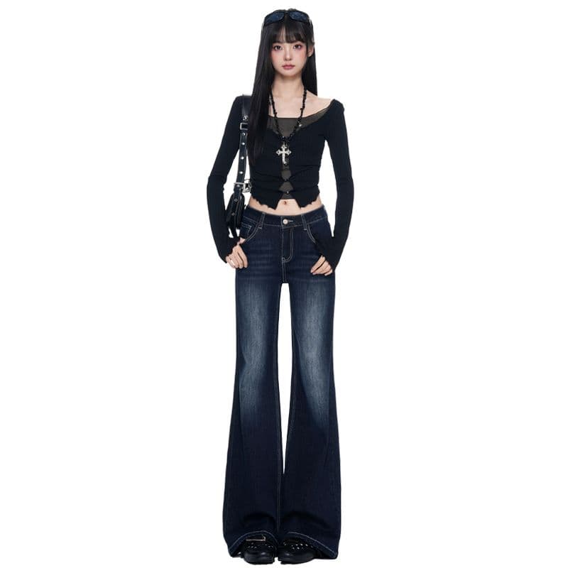 실사 아니요 막대기 다리 호스 슈 바지 블루 회색 마이크로 나팔 청바지 여성 가을 2026 새로운 하이웨이스트 슬림해 보이는 이미지 5