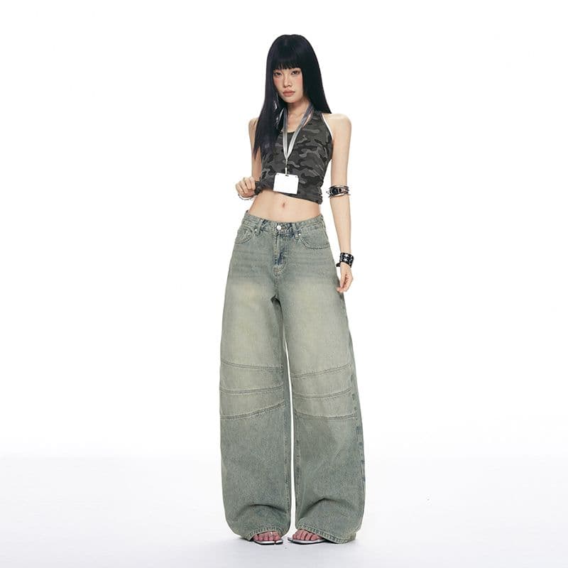 실사 아메리칸 레트로 하이웨이스트 루즈핏 와이드 레그 팬츠 다용도 노스탤지어 패치워크 청바지 여성 이른 가을