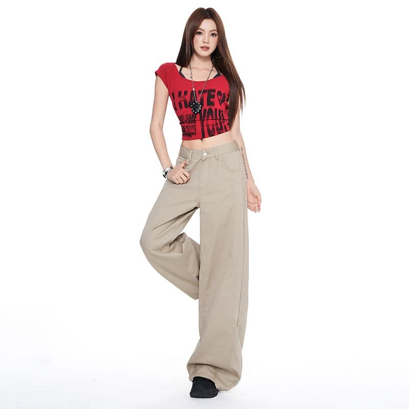 실사 아메리칸 레트로 루즈핏 와이드 레그 팬츠 카키 하이웨이스트 스트레이트 캐주얼 이른 가을 다용도 청바지 여성 이미지 4
