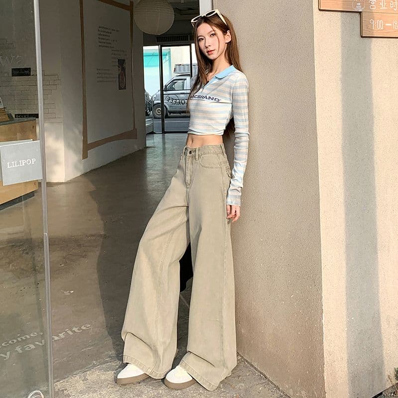실사 새로운 아메리칸 홀치기 염색 튜브 라 하이웨이스트 캐주얼 바지 여성 가을 루즈핏 넓은 다리 나팔 청바지 이미지 3