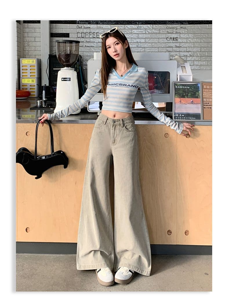 실사 새로운 아메리칸 홀치기 염색 튜브 라 하이웨이스트 캐주얼 바지 여성 가을 루즈핏 넓은 다리 나팔 청바지 상세 이미지 10