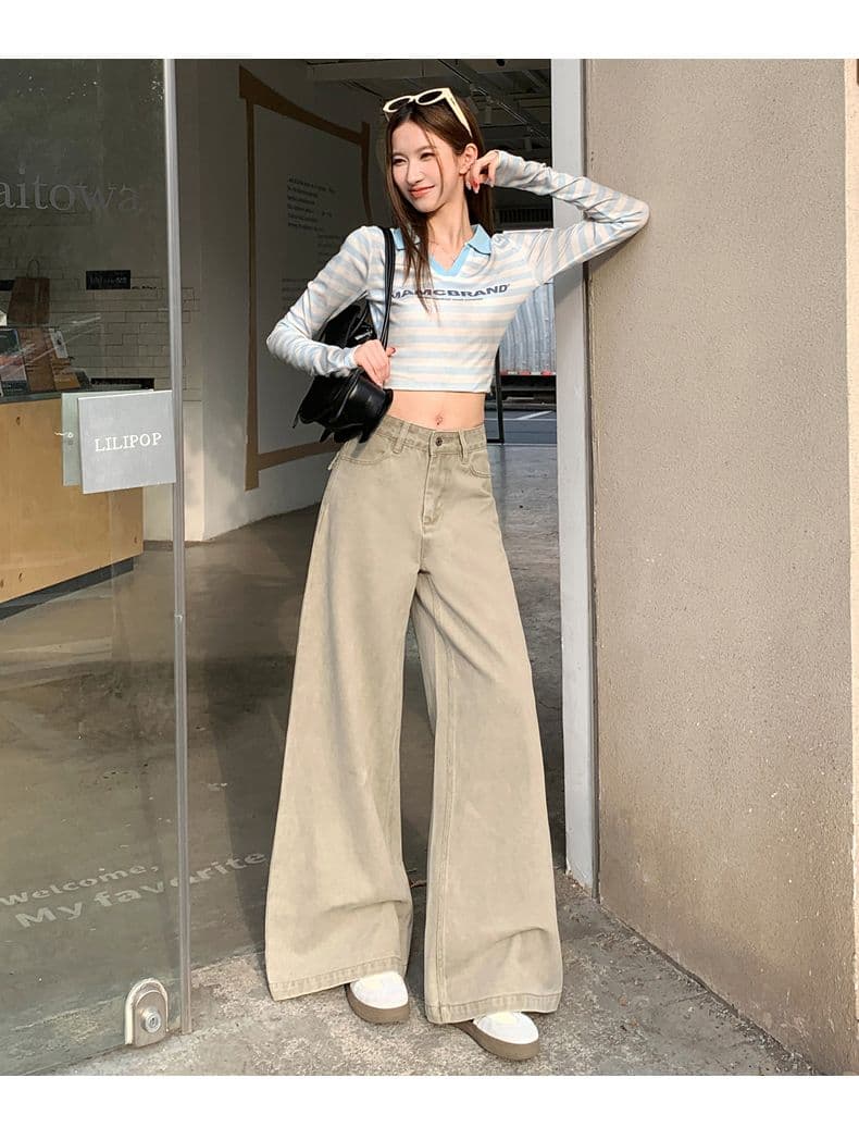 실사 새로운 아메리칸 홀치기 염색 튜브 라 하이웨이스트 캐주얼 바지 여성 가을 루즈핏 넓은 다리 나팔 청바지 상세 이미지 16