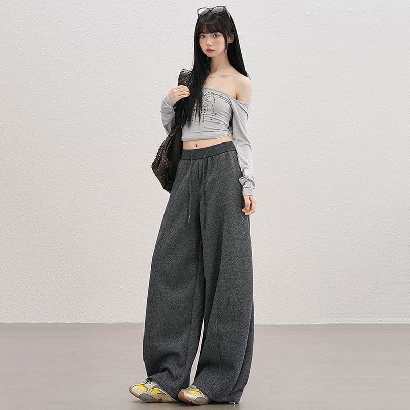 실사 고급 센스 가을 캐주얼 웨이 바지 여성 가을 겨울 새로운 루즈핏 넓은 다리 스트레이트 모통이 칼 니트 운동 바지 이미지 2