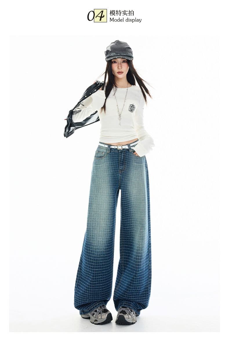 실사 체크무늬 돌아 가기 자수 체크무늬 턱 선 루즈핏 워시 물 그라데이션 블루 스트레이트 루즈핏 넓은 다리 청바지 여성 상세 이미지 6